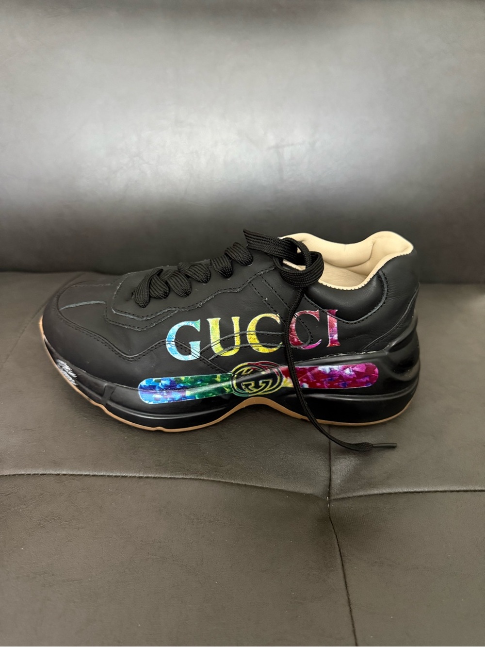 Gucci Kids Black Leather Sneaker with Rainbow Logo Accents